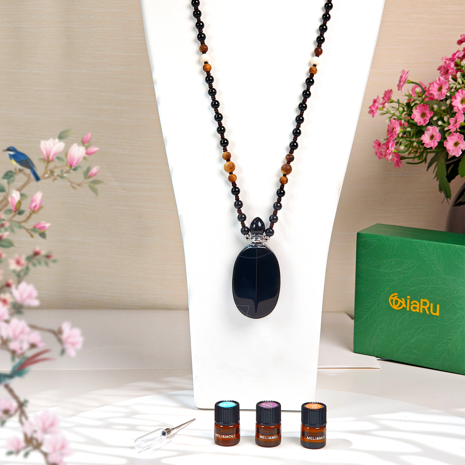 黑曜石大号合页吊坠项链