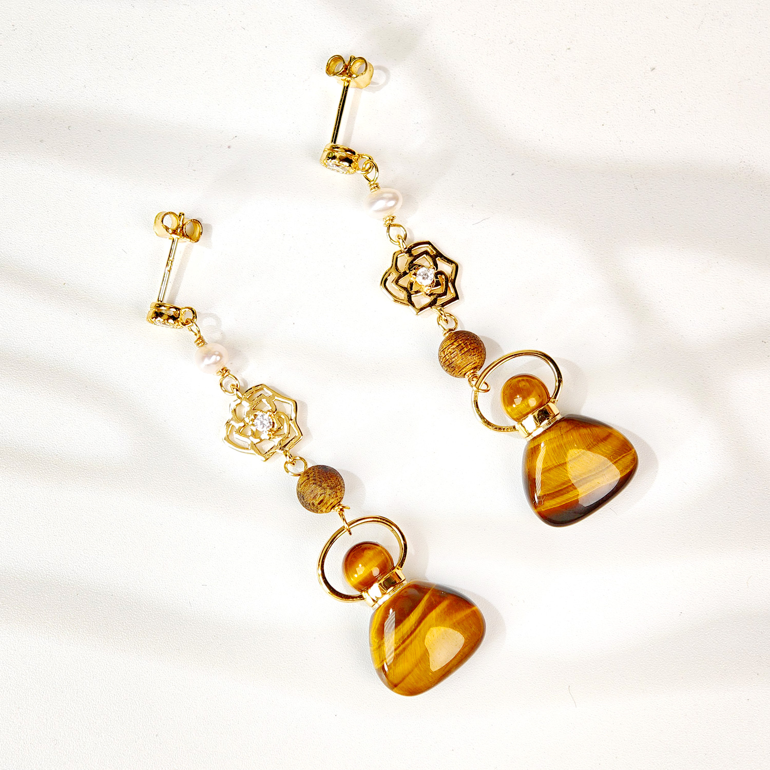 虎眼石迷你福袋瓶925银花朵耳环